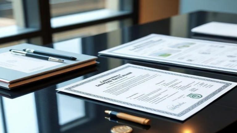 Close-up of an official certificate on a glossy desk with a pen and stack of documents nearby.