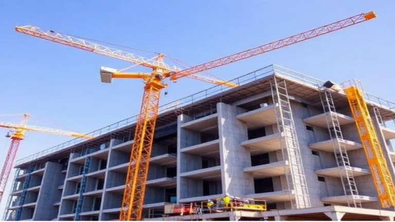 Construction site with a tall yellow crane over a partially completed concrete building under a blue sky