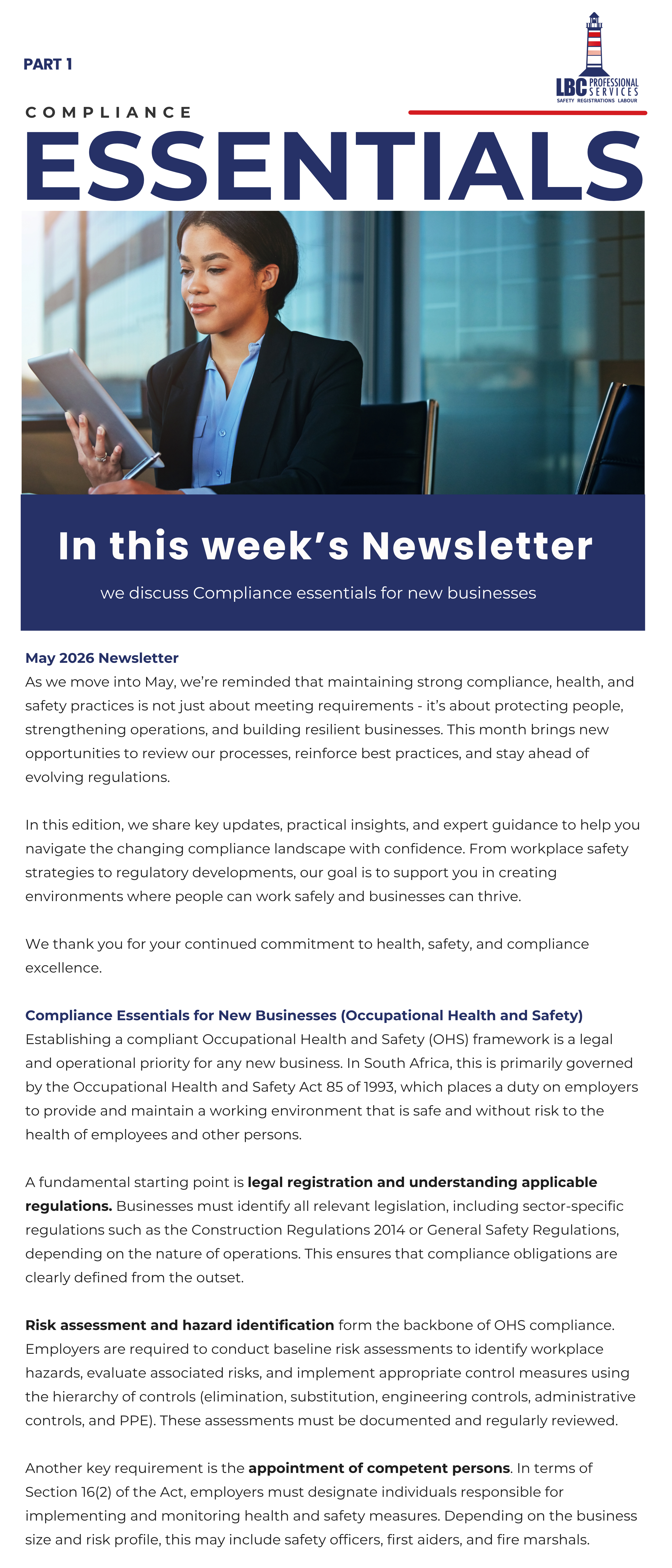 Newsletter cover: a businesswoman in a blazer uses a tablet in a bright office, with a bold 'ESSENTIALS' heading above.