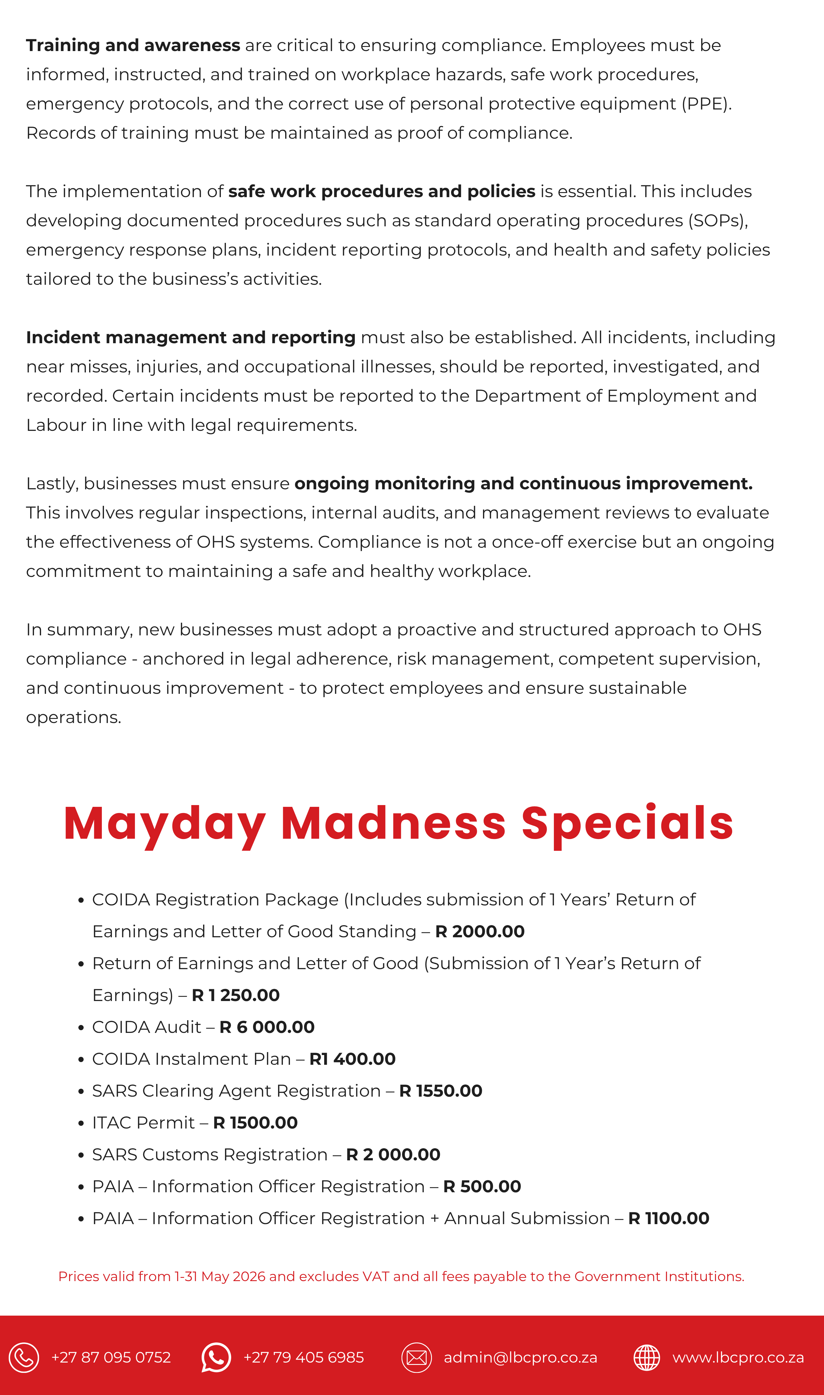 Informational flyer: includes compliance text, a bold red 'Mayday Madness Specials' headline, a bulleted price list, and contact info/icons.