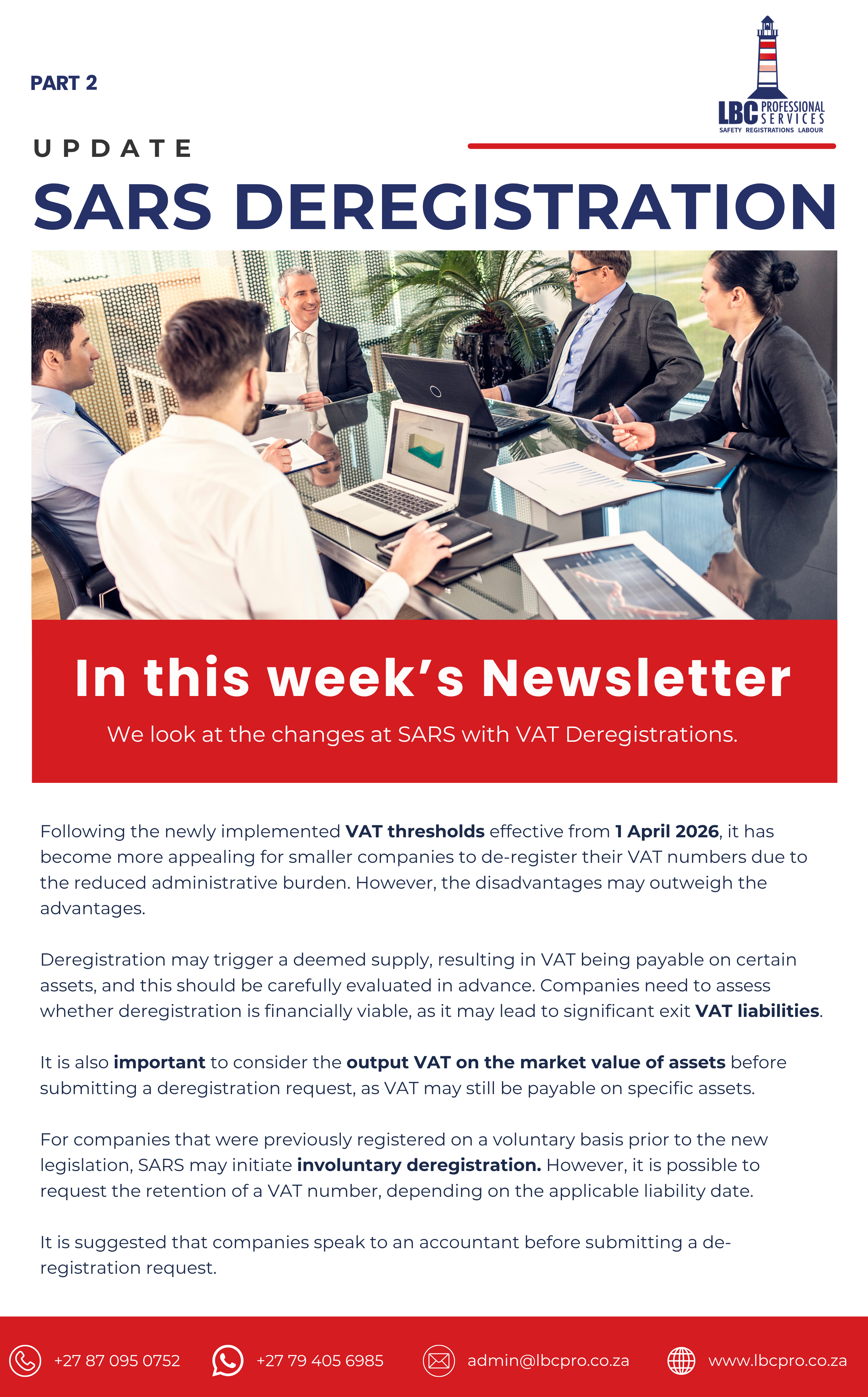 Part 2 update: SARS deregistration newsletter header with a corporate meeting around a glass table; logo top right.