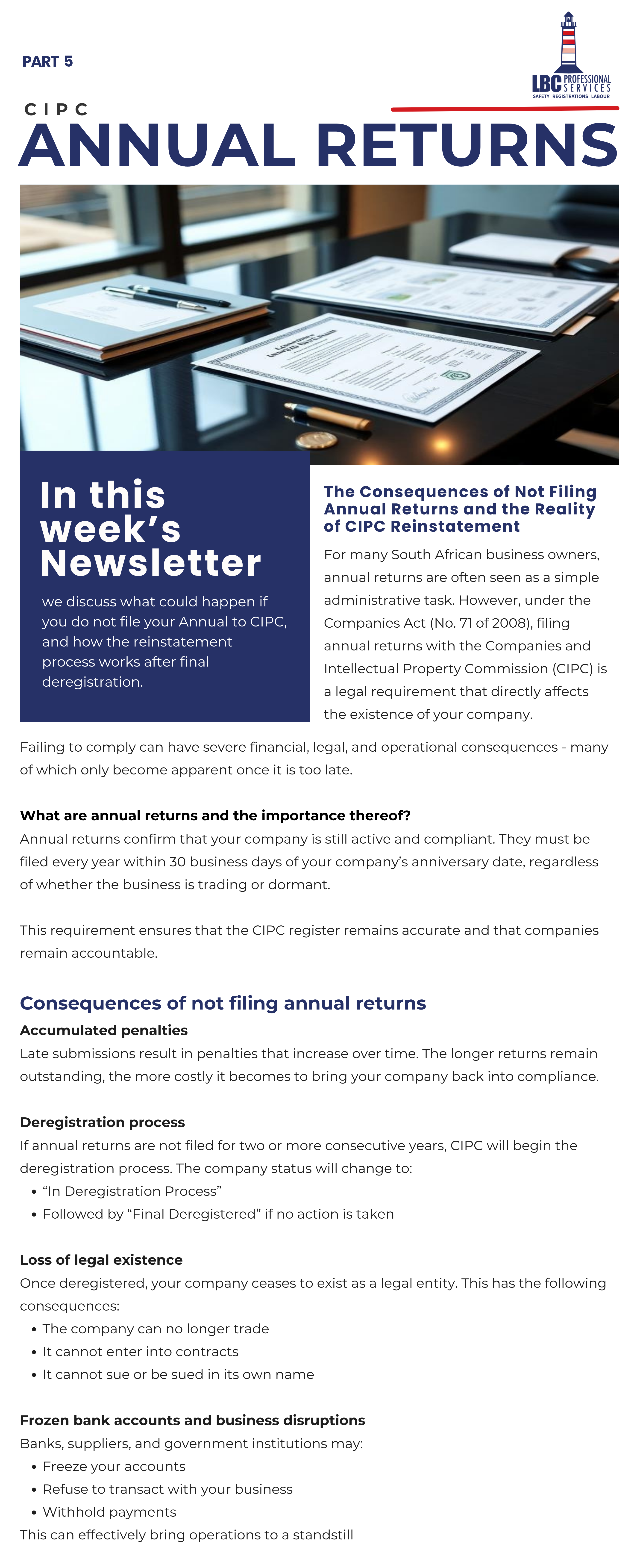 Newsletter cover showing documents and a pen on a glass desk with the 'Annual Returns' headline and a blue panel reading 'In this week's Newsletter'